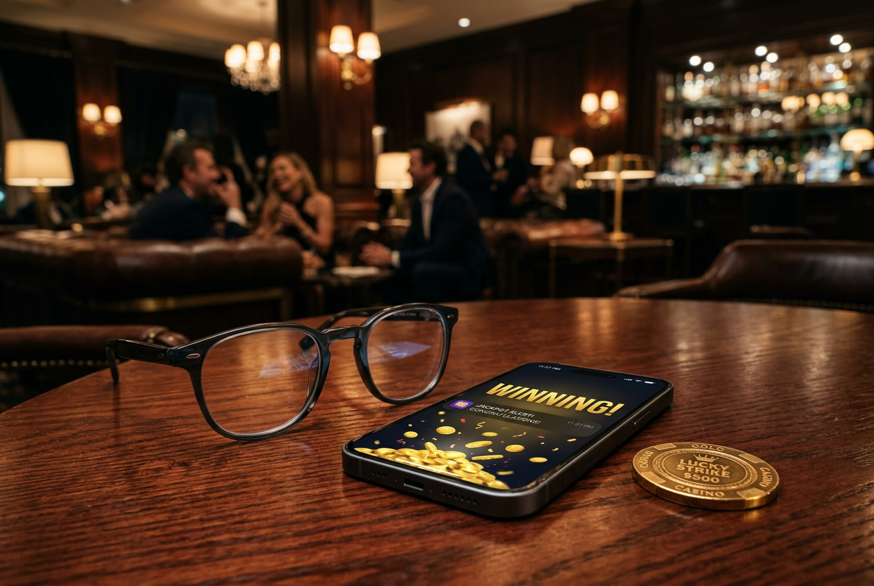 A luxury lifestyle setup with a smartphone and gold casino tokens.