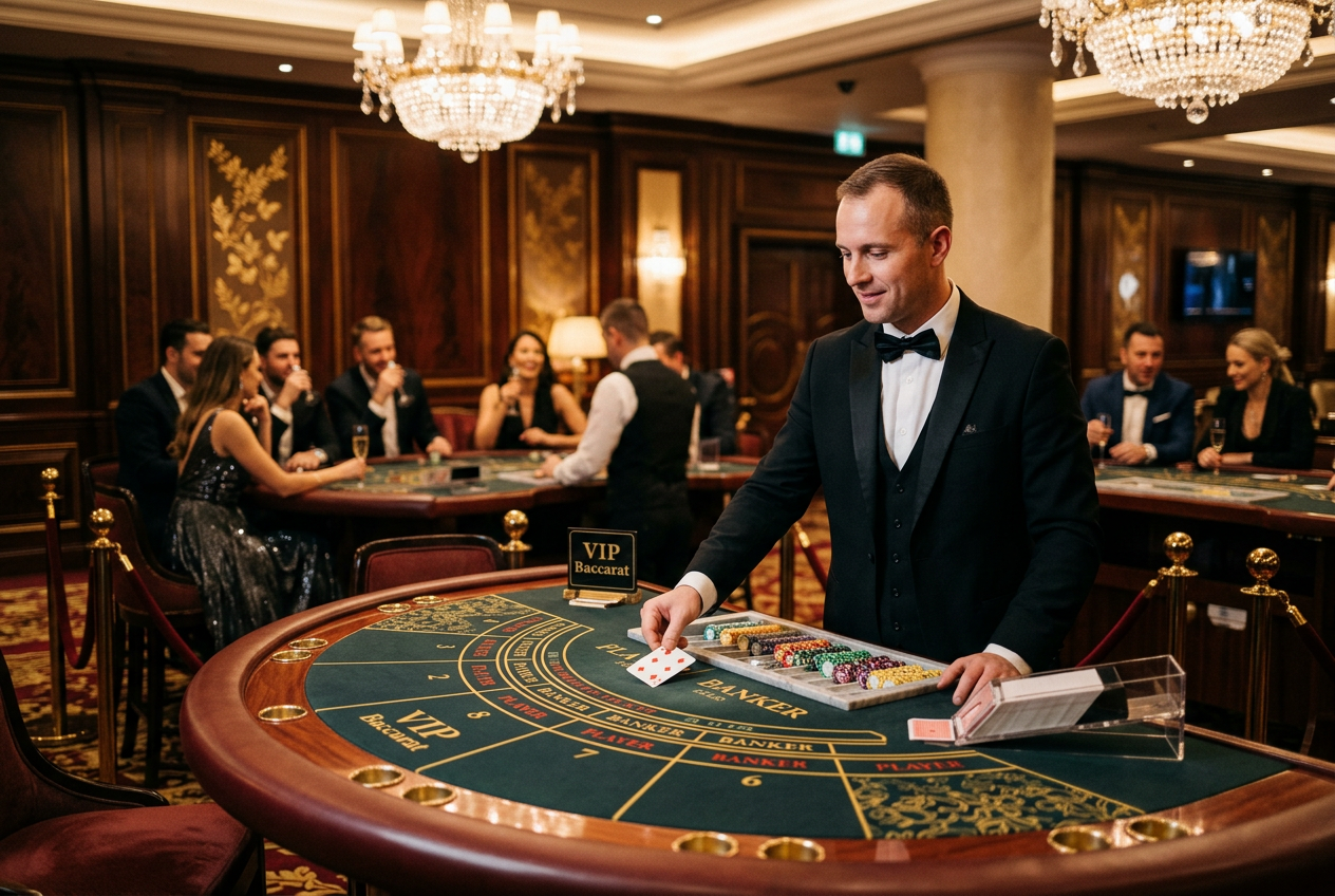 A luxurious VIP casino room with a baccarat table.