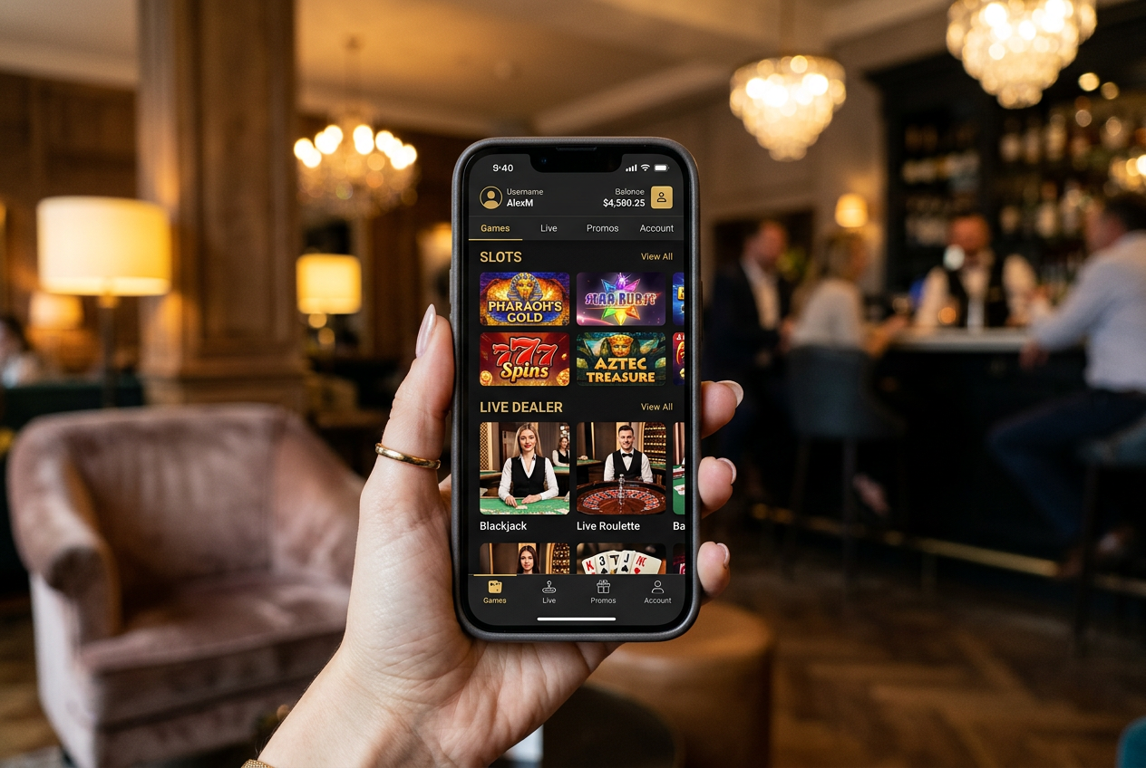 A person using a high-end smartphone to play mobile casino games.