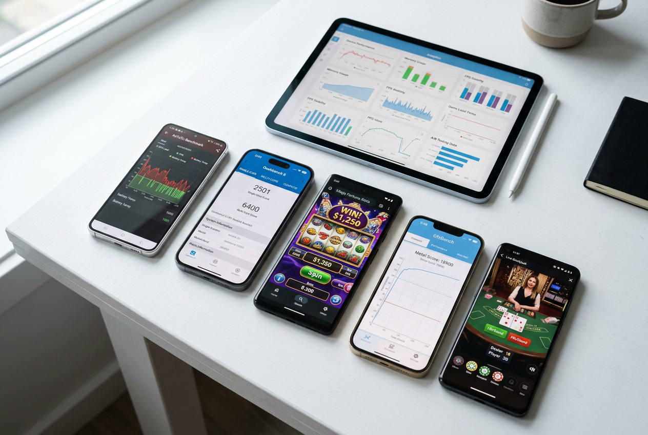 Various smartphones and tablets used for testing mobile casino performance.