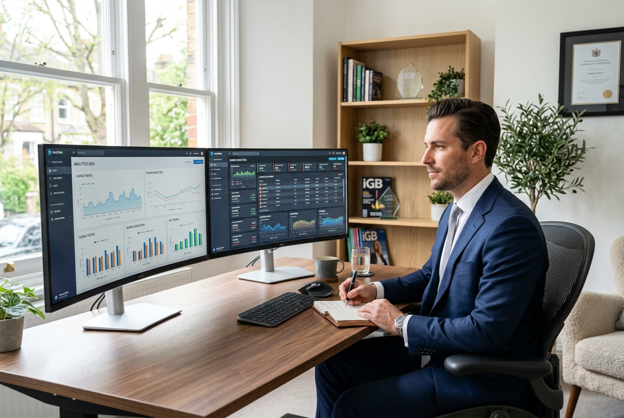 A professional expert reviewing data and casino platforms on multiple computer monitors.