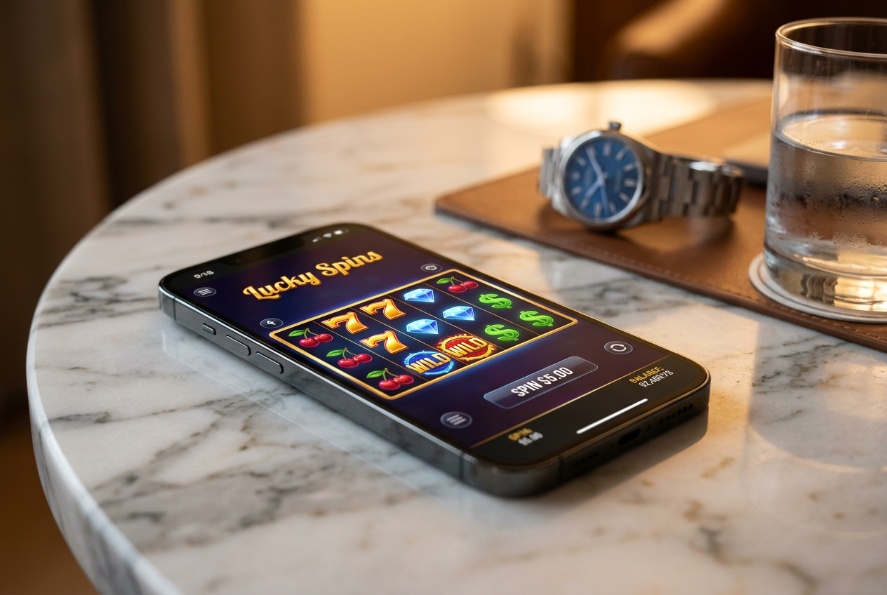 A sleek smartphone displaying a modern casino interface next to luxury accessories.