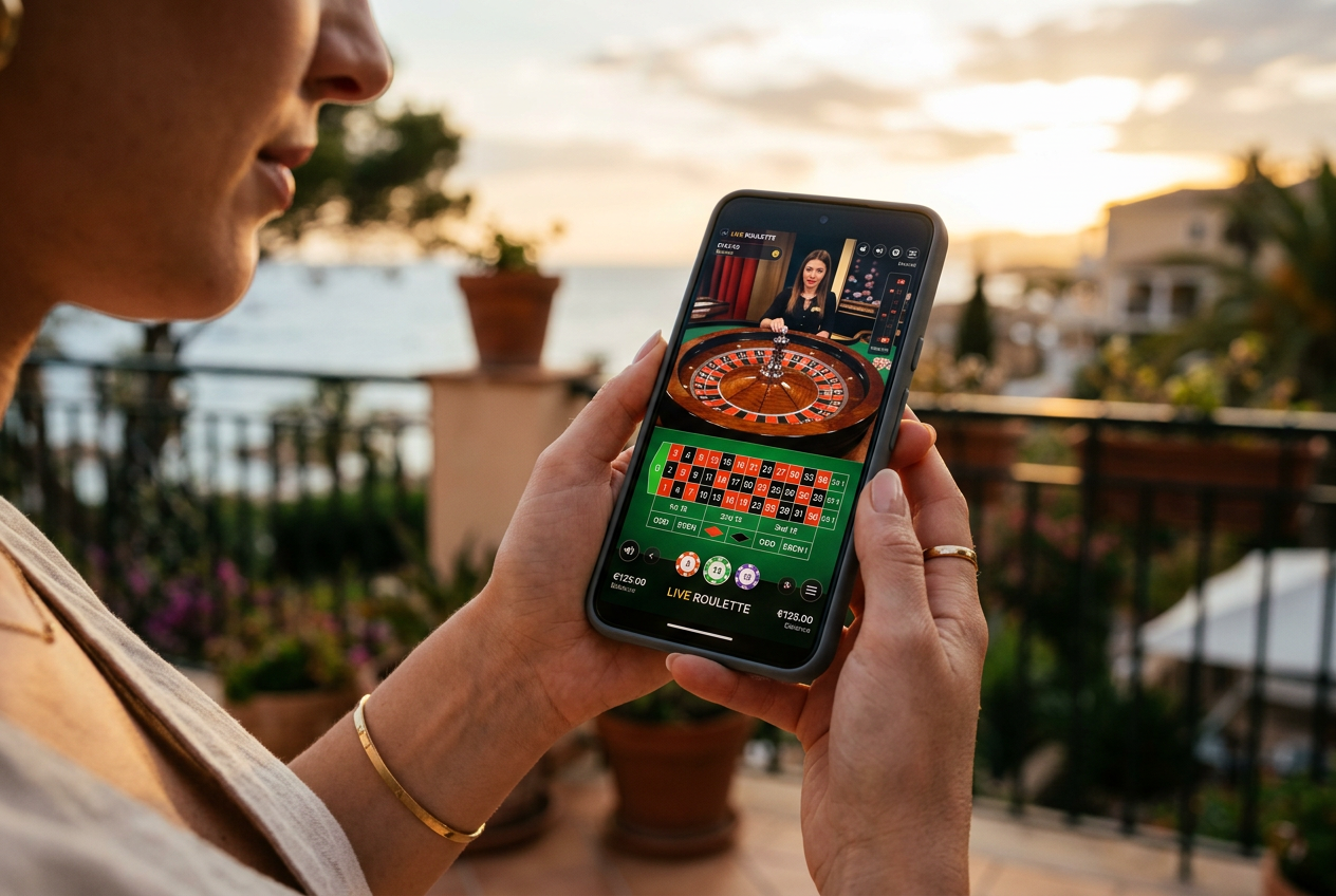 Εμπειρία ζωντανού καζίνο σε smartphone με φόντο την Αθήνα