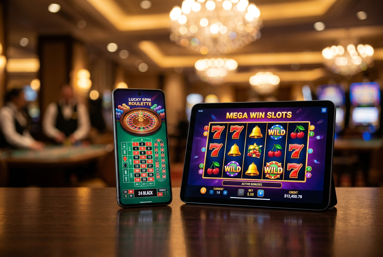 A luxurious digital casino interface on a smartphone and tablet