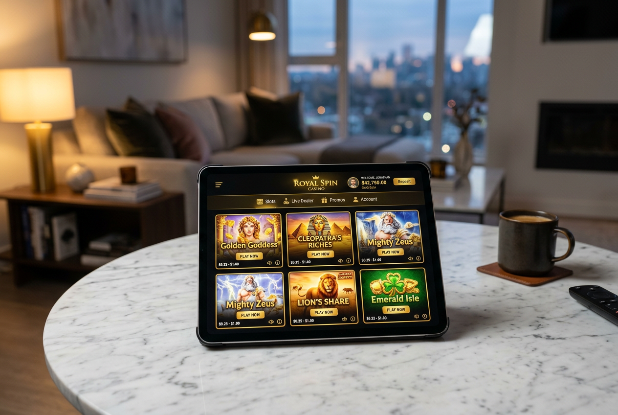 A high-end tablet displaying a luxury online casino interface with vibrant slot games on a marble table.