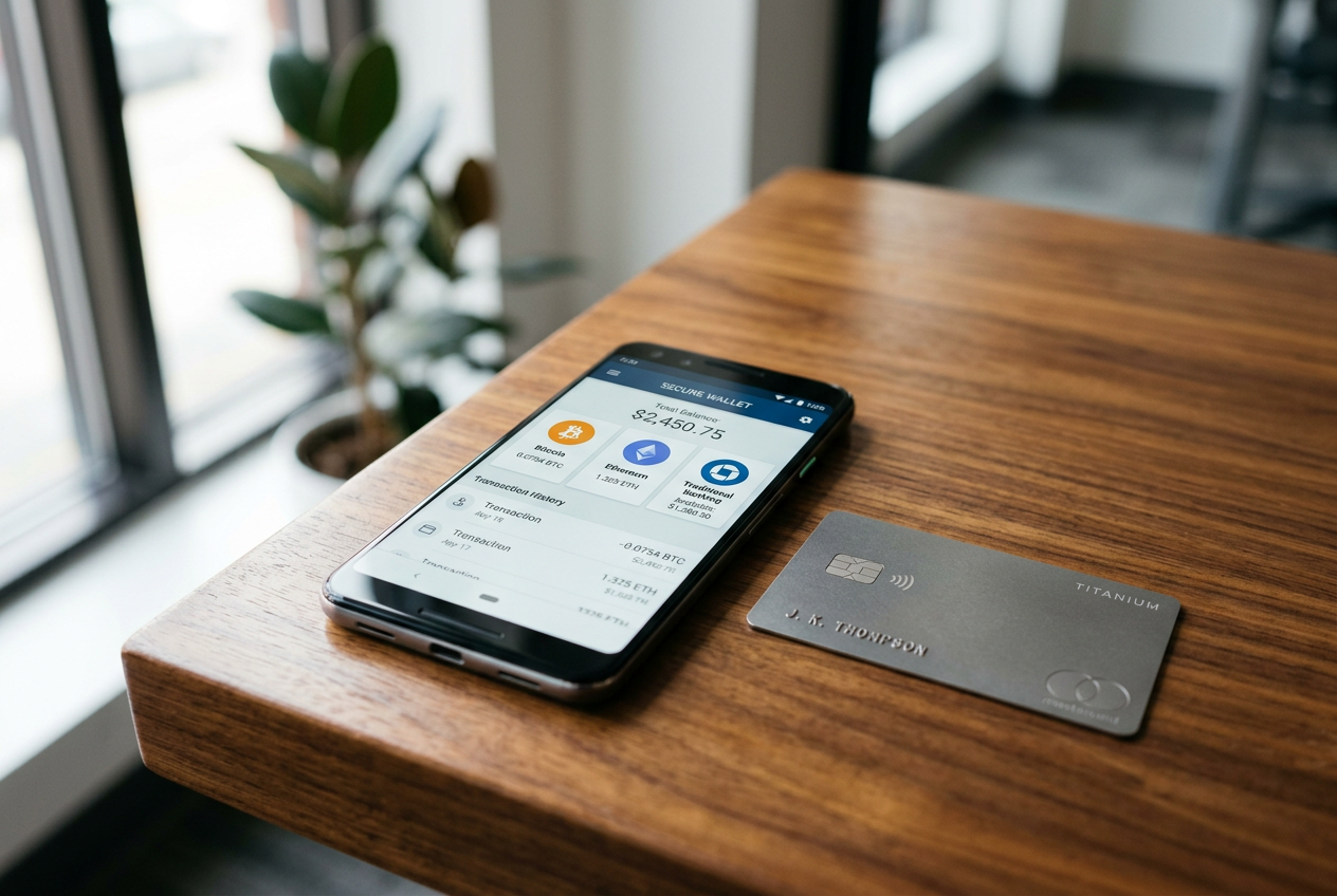 A modern smartphone showing a digital wallet with cryptocurrency and credit card icons on a wooden desk.